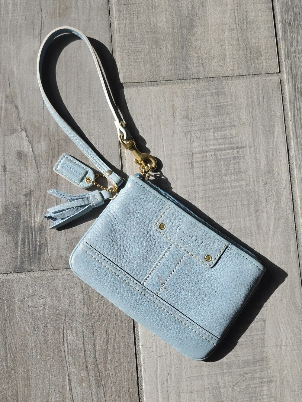 Coach Light Blue Pebbled Leather Wristlet Clutch